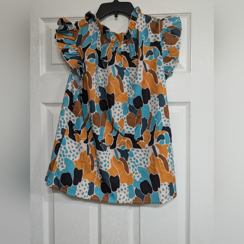 Emory Rose Multi Colorful Tunic Blouse L Ruffle Mock Neck Sleeveless NWT